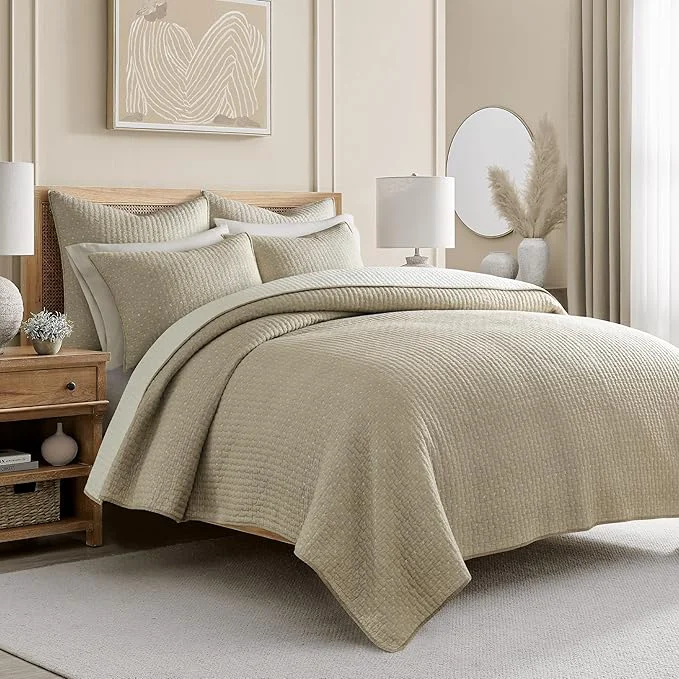 Solid Levtex Home Cross Stitch Reversible Twin XL Twin Quilt Set 68x86in with 1 Pillow Sham 26x20in – Stitch Texture – Taupe – Cotton Twin Twin Size Quilt Bedding Set – Lightweight Soft Pre-Washed High-Grade
