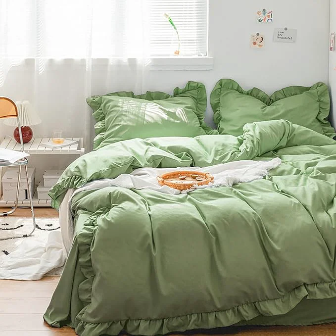 Dependable Luxlovery Sage Green Ruffle Comforter Set Queen Light Green Farmhouse Bedding Comforter Set Full Shabby Chic Solid Blanket Quilts Soft Breathable Vintage Bedding Set Proven