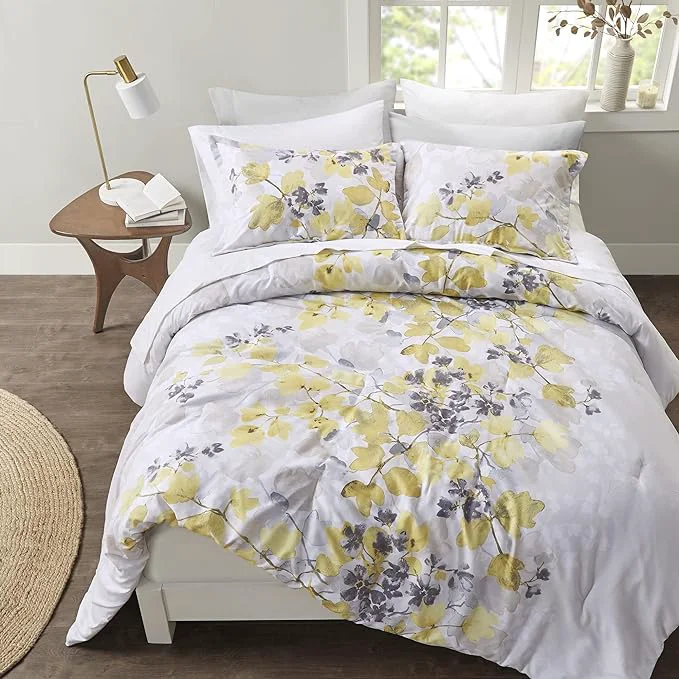 Eco-Friendly Madison Park Essentials Bed in A Bag – Trendy Casual Design Cozy Comforter with Complete Sheet Set with Side Pocket All Season Cover Matching Shams Full Alexis Leaf Yellow 9 Piece Innovative