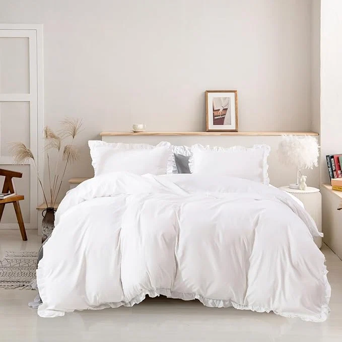 Secure Luxlovery White Comforter Set King Ruffle Bedding Comforter Set Bohemain Shabby Chic Solid Cotton Blanket Quilts with Ruffle Tassels Fringe Vintage Rustic Bedding Set with Ruffles for King Bed Powerful
