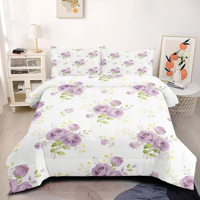 Smart Girls Women Purple White Flowers Bedding Set Full Size 3-Piece Botanical Floral Bed Set for Girls Room Decor with Comforter 79 quot x 90 quot and 2 Pillowcases for All Season Stylish