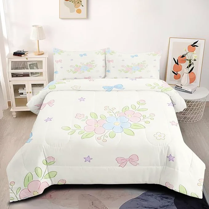Contemporary Girls 3Pcs Botanical Floral Comforter Set Queen Size Pink Blue Flowers and Bows Bedding Sets Includes 1 Comforter 90 quot x90 quot and 2 Pillowcases Reusable