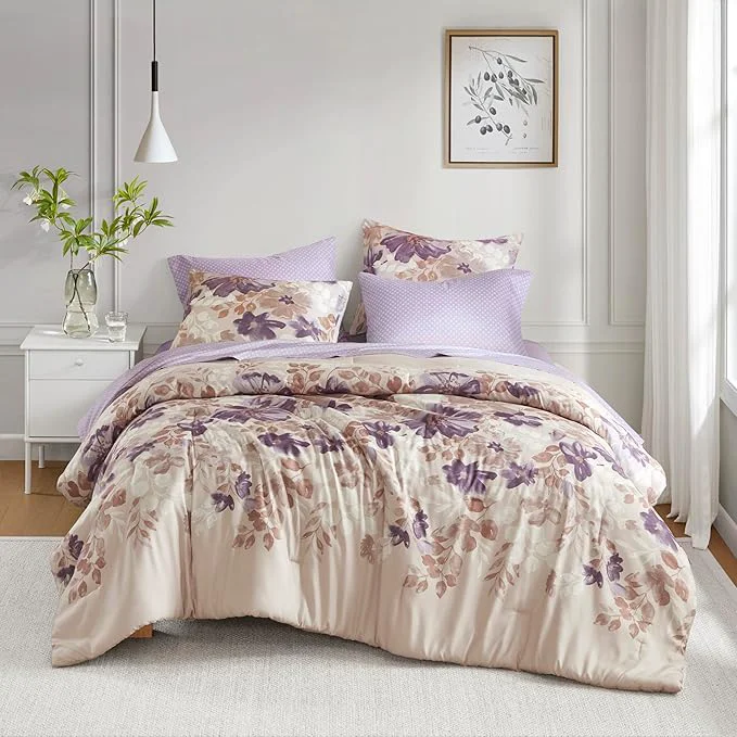 Premium Material Madison Park Essentials Queen Comforter Set with Sheets Floral Bed in A Bag Microfiber Comforter Shabby Chic Queen Bedding Set Diamond Printed Sheet Luna Taupe 7 Piece Superior