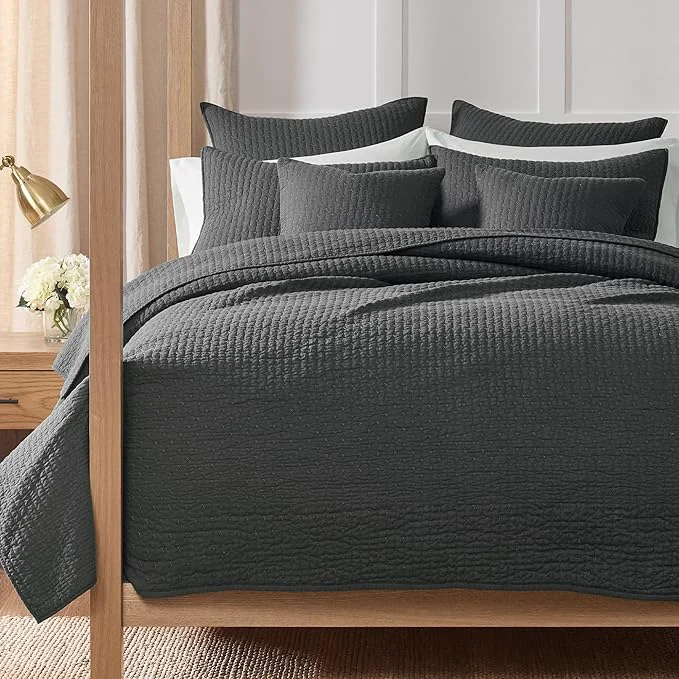 Organic Levtex Home Cross Stitch Reversible Twin XL Twin Quilt Set 68x86in and 1 Pillow Sham 26x20in – Stitch Texture – Charcoal – 0 Cotton Twin Twin Size Quilt Bedding Set – Lightweight Soft Pre-Washed Reliable