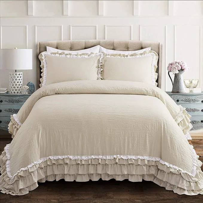 Efficient Lush Decor Ella Ruffle Lace Comforter 3 Piece Set Full Queen Neutral – Cute Comforter – Queen Bedding Set – Beige Bedding Full Size – Coquette Decor – Beige Lace Trim – Ruffle Trim Official
