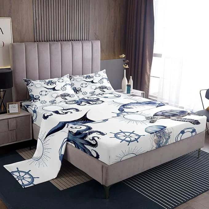 Trendy Sea Turtle Sheets Set King Octopus Jellyfish Ocean Life Decor Bedding Set for Youth Women Bedroom Nautical Style Sea Animals Bed Set with Deep Pocket Fitted Sheet with 2 Pillow Case Superior