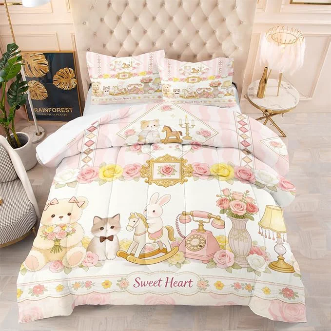 Detailed 3Pcs Full Size Girls Kids Cute Pink Flower Comforter Set Bear Cat and Bunny Bedding Sets for Girls Room Decor 1 Comforter 79 quot x 90 quot and 2 Pillowcases All Season Secure