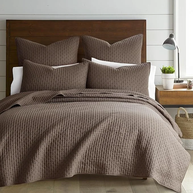 Refined Levtex Home Cross Stitch Reversible Twin XL Twin Quilt Set 68x86in with 1 Pillow Sham 26x20in – Stitch Texture – Cocoa – Cotton Twin Size Quilt Bedding Set – Lightweight Soft Pre-Washed Certified