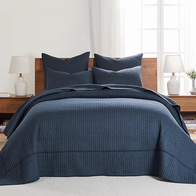 Unique Levtex Home Cross Stitch Reversible Full Bedspread Set 100x104in with 2 Pillow Shams 26x20in – Stitch Texture – Navy – Cotton Full Size Bedspread Set – Lightweight Soft Pre-Washed Safe