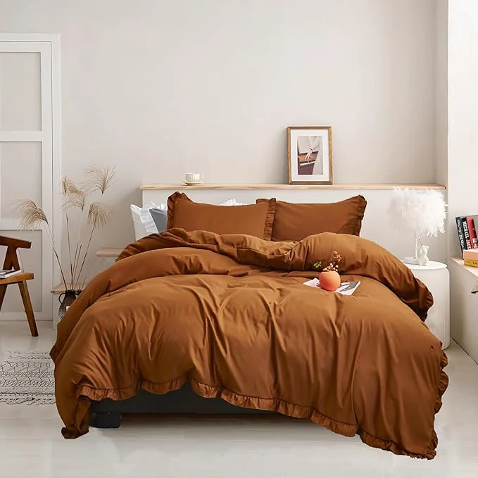 Professional Luxlovery Pumpkin Color Ruffle Comforter Set Queen Farmhouse Rust Bedding Comforter Set Full Shabby Chic Solid Terracotta Blanket Quilts Vintage Bedding Set Women Men Adults Artisan