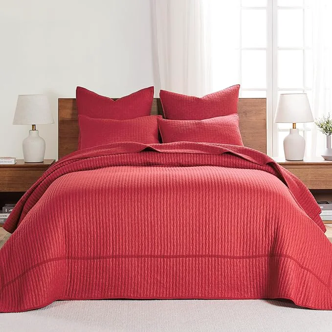Official Levtex Home Cross Stitch Reversible Full Bedspread Set 100x104in with 2 Pillow Shams 26x20in – Stitch Texture – Chile Red – Cotton Full Size Bedspread Set – Lightweight Soft Pre-Washed Outstanding