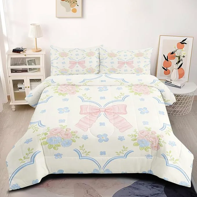 Practical Teens Pink Blue Flowers 3-Piece Comforter Set for Girls King Size Pink Bow Bedding Sets with Blue Floral Bed Set for All Season Includes 1 Comforter 104 quot x90 quot and 2 Pillowcases Pure