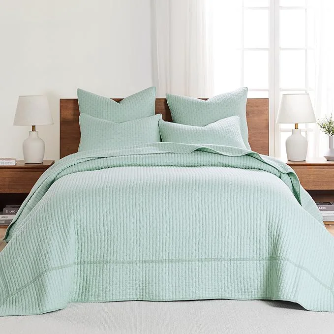 Green Levtex Home Cross Stitch Reversible Queen Bedspread Set 104x106in with 2 Pillow Shams 26x20in – Stitch Texture – Blue Haze – Cotton Queen Size Bedspread Set – Lightweight Soft Pre-Washed Official