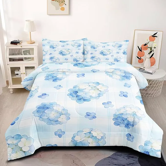 Prestigious Girls Women 3Pcs Blue Hydrangea Comforter Set Botanical Floral Bedding Set Full Size Cottage Bed Sets with 1 Comforter 79 quot x 90 quot and 2 Pillowcases Top-Quality