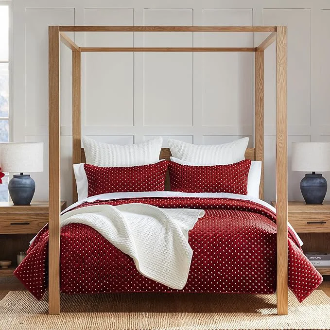 Premium Material Levtex Home – Cross Stitch Velvet Red Quilt Set – King Quilt Two King Pillow Shams – Cross Stitched Pattern – Quilt Size 106x92in. and Pillow Sham Size 36x20in. – Reversible Traditional
