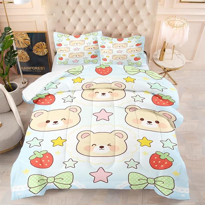 Classic Girls Kids 3-Piece Cartoon Bears Comforter Set Cute Red Strawberry Bedding Sets King Size for Girls Room Decor Includes 1 Comforter 104 quot x90 quot and 2 Pillowcases High-Grade