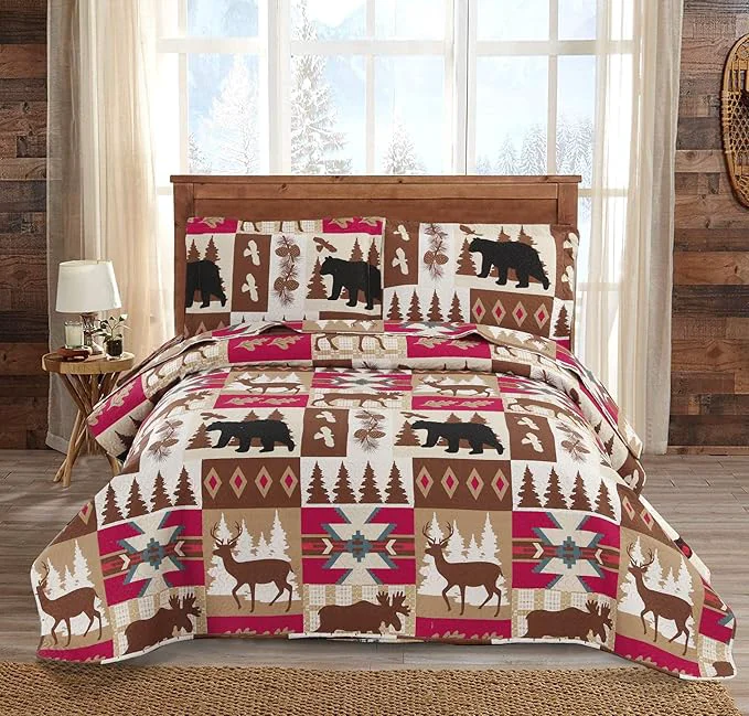 Durable Rustic Quilt Set Full Queen Size 90 quot x90 quot Lodge Cabin Bed Spread Lightweight Coverlet Reversible Bedding Set Deer Bear Bedspreads Wildlife Patchwork Plaid Bed Cover Country Decor With 2 Pillow Shams Eco-Friendly