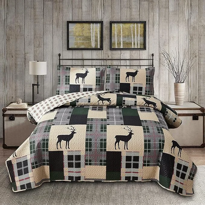 Specialty Lodge Bedspread Set King Size Rustic Cabin Quilt Set Deer Bedding Sets Lightweight Coverlet Reversible Bedspreads Elk Moose Printed Bedcover Dark Green Beige Plaid Patchwork Bedding Country Decor High-Performance