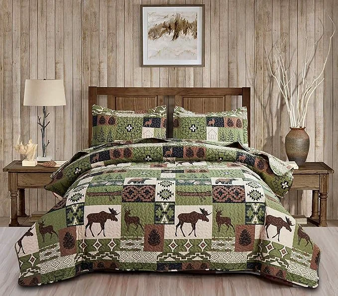 Genuine Ycosy Rustic Lodge Quilt Set Moose Elk Bedspread Full Queen Size Forest Bear Deer Quilt Matcha Green Reversible Festive Cabin Coverlets Farmhouse Decor Bed Cover Sets with 2 Pillow Shams Sustainable