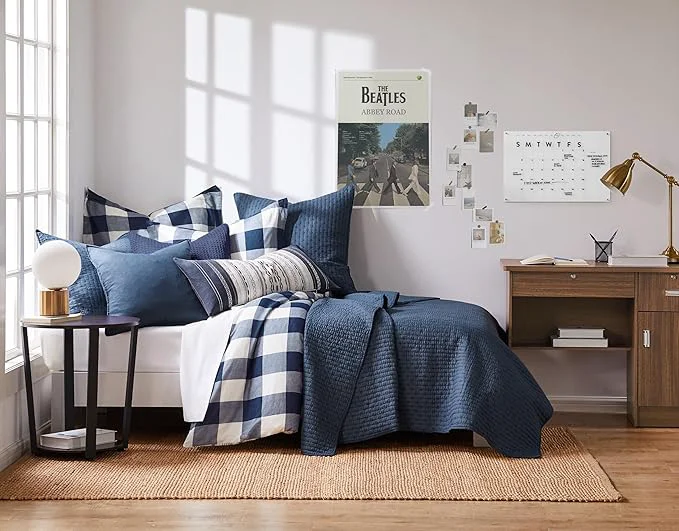 Sustainable Levtex Home Cross Stitch Reversible Twin XL Twin Quilt Set 68x86in with 1 Pillow Sham 26x20in – Stitch Texture – Navy – Cotton Twin Twin Size Quilt Bedding Set – Lightweight Soft Pre-Washed Consistent