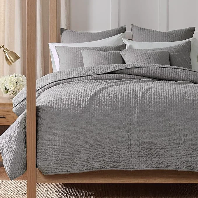 Organic Levtex Home Cross Stitch Reversible Twin XL Twin Quilt Set 68x86in and 1 Pillow Sham 26x20in – Stitch Texture – Light Grey – Cotton Twin Twin Size Quilt Bedding Set – Lightweight Soft Pre-Washed Authentic