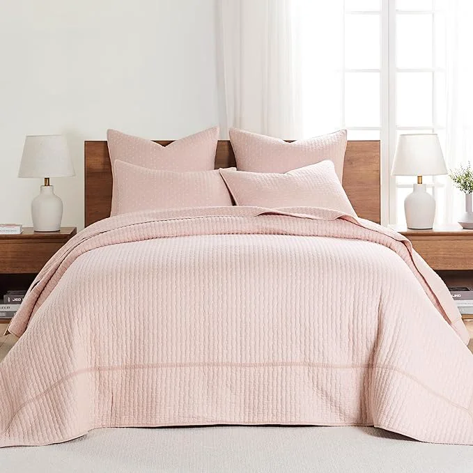 Effective Levtex Home Cross Stitch Reversible Twin Bedspread Set 84x104in with 1 Pillow Sham 26x20in – Stitch Texture – Blush – Cotton Twin Size Bedspread Set – Lightweight Soft Pre-Washed Environmentally Friendly