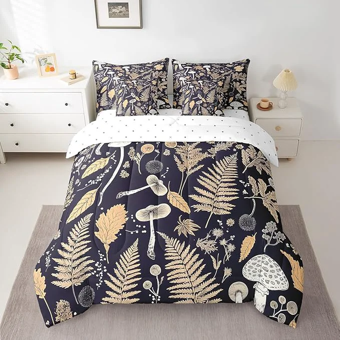 Elegant Retro Jungle Leaves Comforter Set 7 Piece Rustic Mushroom Botanica Bed Set Vintage Farmhouse Decor Bedding Bed in a Bag King 1 Comforter 2 Pillowcase 2 Pillow Covers 1 Flat Sheet 1 Fitted Sheet Green
