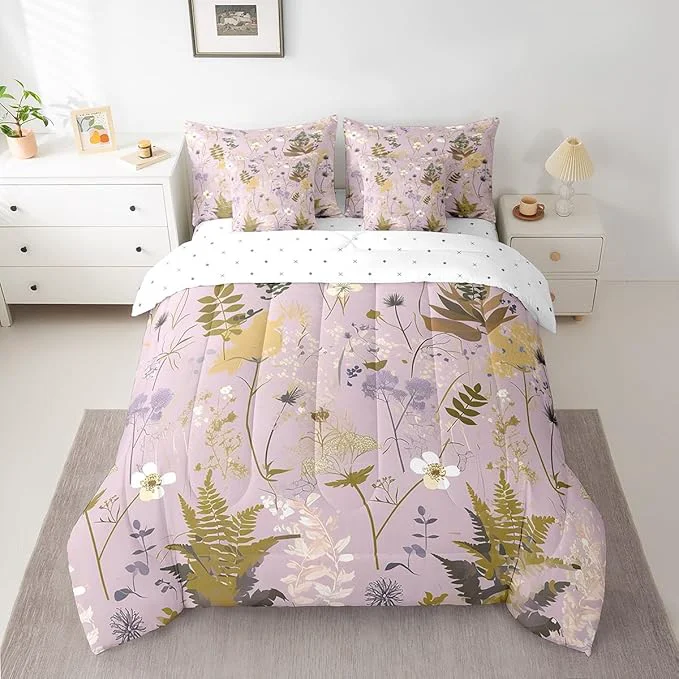 Classic Castle Fairy Rustic Jungle Leaves Comforter Set Bed in a Bag 7 Pieces King Retro Botanical Flowers Leaves Bedding Set Farmhouse Style Comforter Fitted Flat Sheet 2 Pillowcases 2 Throw Pillow Covers Fast