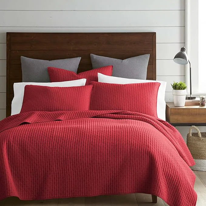 Trusted Levtex Home Cross Stitch Reversible King Cal King Quilt Set 106x92in with 2 Pillow Shams 36x20in – Stitch Texture – Chile Red – Cotton King Size Quilt Bedding Set – Lightweight Soft Pre-Washed Proven