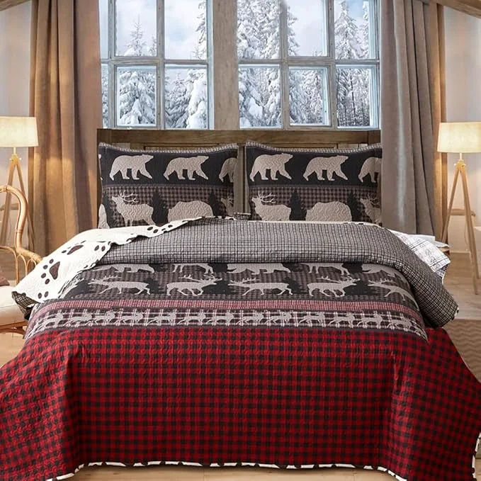 Pure Ycosy King Size Quilt Set Bedding Rustic Lodge Bedspread Set Queen Red Black Buffalo Plaid Quilt Reversible Bedspread Coverlet Lightweight Quilt Bedding Moose Bear Country Cabin Coverlet Traditional