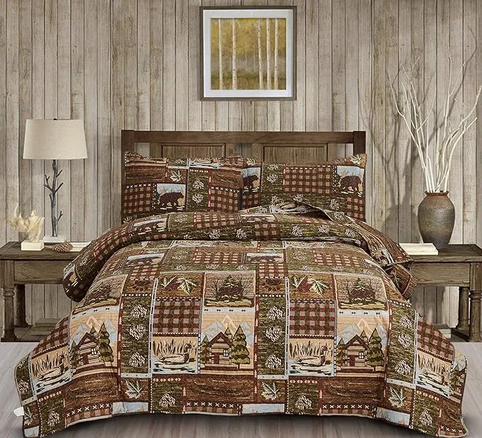 Verified Moose Bear Quilt Set Twin Size Rustic Cabin Bedding Set Plaid Reversible Quilts Home Lodge Bedspread Coverlet Wildlife Bears Pine Tree Bedding Woodland Plaid Patchwork Quilted Bed Spread Country Decor Premium Material