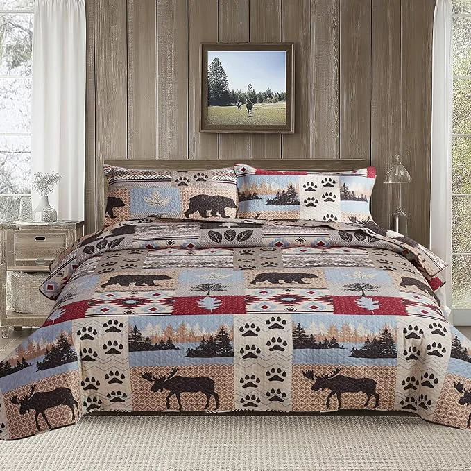 Powerful Ycosy Rustic King Size Quilt Set – Home Lodge Bedding Set with Plaid Quilts Lightweight Reversible Bedspread Coverlet Wildlife Moose Pine Tree Bedding and 2 Pillow Shams Decor Functional
