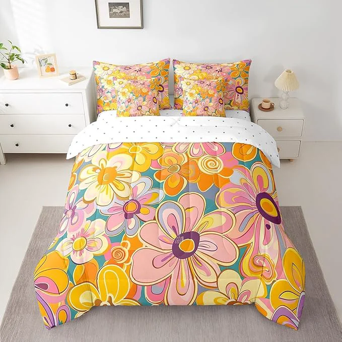 Sophisticated Bohemian Twin Comforter Set with Sheets Bed in a Bag 7 Pcs 70s Hippie Floral Retro Flowers Bed Set Vintage Farmhouse Style Bedding Sets with Comforter Flat Fitted Sheet Pillowcases Pillow Covers Exclusive