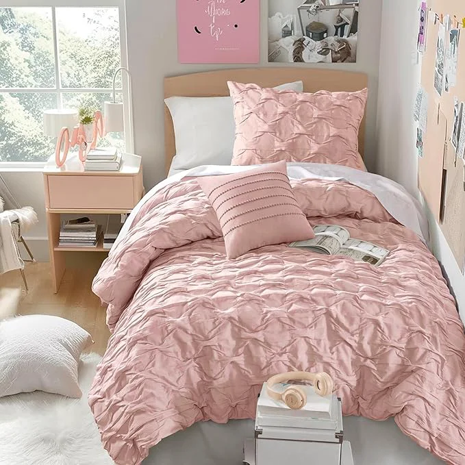 Top-Quality Comfort Spaces Twin Twin XL Comforter Set for College Ogee Ruched Crinkle Texture Breathable Comforter Set Twin Dorm All Season Lightweight Bedding Set Shabby Chic Décor Pilow Pink 3 Piece Proven