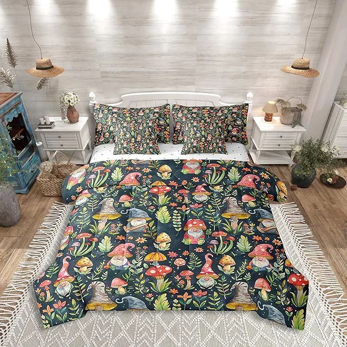 Certified Mushroom Gnome Comforter Set Bed in a Bag 7 Pieces Full Botanical Leaves Bedding Set for Girls Teens Kids Colorful Mushroom Plants Comforter Fitted Flat Sheet 2 Pillowcases 2 Throw Pillow Covers Sustainable