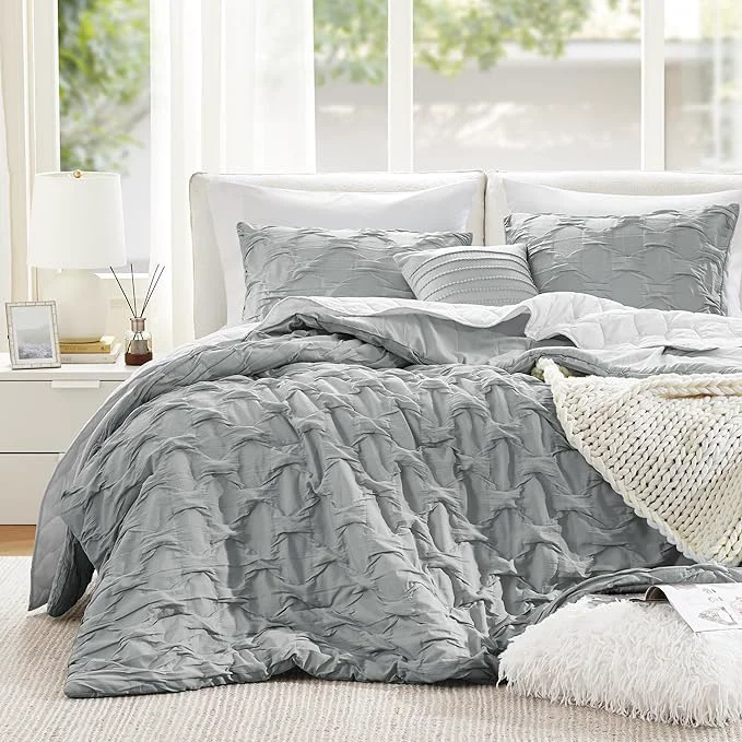 Quality Comfort Spaces Comforter for Queen Size Bed Ogee Ruched with Crinkle Texture Breathable Comforter Set Queen All Season Lightweight Bedding Set Shams Décor Pilow Full Queen Gray 4 Piece Outstanding