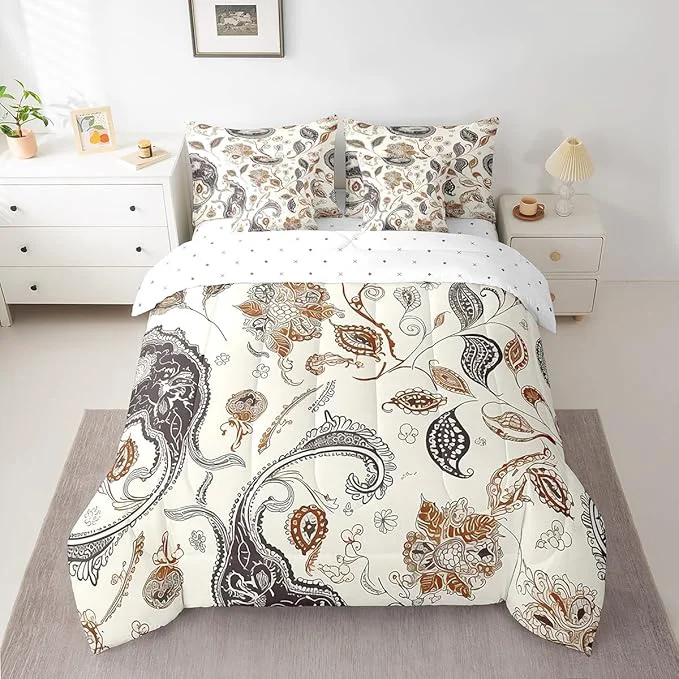 Relaxed Paisley Flowers Comforter Set 7 Pieces Western Floral Boho Bed Set Rustic Botanical Plants Bedding Bed in a Bag Twin 1 Comforter 2 Pillowcase 2 Pillow Covers 1 Flat Sheet 1 Fitted Sheet Contemporary