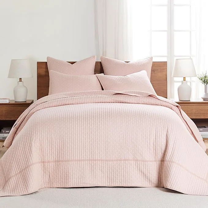 Advanced Levtex Home Cross Stitch Reversible King Bedspread Set 120x104in with 2 Pillow Shams 36x20in – Stitch Texture – Blush – Cotton King Size Bedspread Set – Soft Pre-Washed Secure