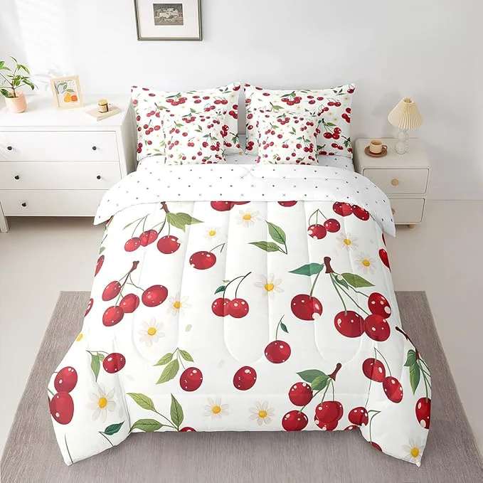 Official Cherry Twin Comforter Set with Sheets Bed in a Bag 7 Pcs Red Cherry Fruits Rustic Style Bed Set Watercolor Daisy Flowers Bedding Sets with Comforter Flat Fitted Sheet Pillowcases Pillow Covers Long-Lasting