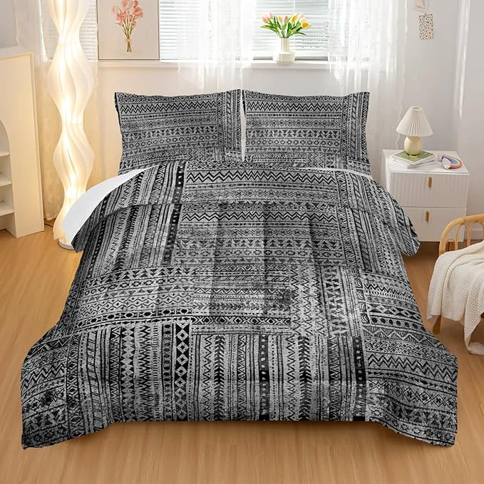 Grey Splicing Comforter Sets Queen Size Bohemian Geometric Bedding Set for Your Room Abstract Soft Lightweight Quilted Set All Season 1 Comforter and 2 Pillowcases Smooth