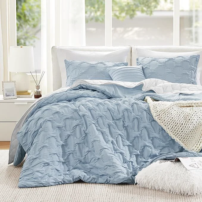 Sustainable Comfort Spaces Comforter for Queen Size Bed Ogee Ruched with Crinkle Texture Breathable Comforter Set Queen All Season Lightweight Bedding Set Shams Décor Pilow Full Queen Blue 4 Piece Premium