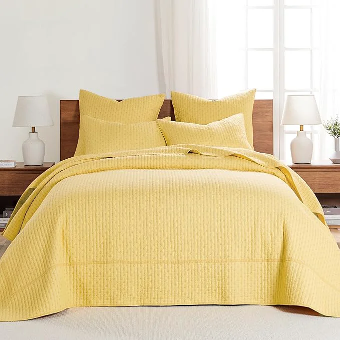 Reusable Levtex Home Cross Stitch Reversible Full Bedspread Set 100x104in with 2 Pillow Shams 26x20in – Stitch Texture – Yellow – Cotton Full Size Bedspread Set – Lightweight Soft Pre-Washed Convenient