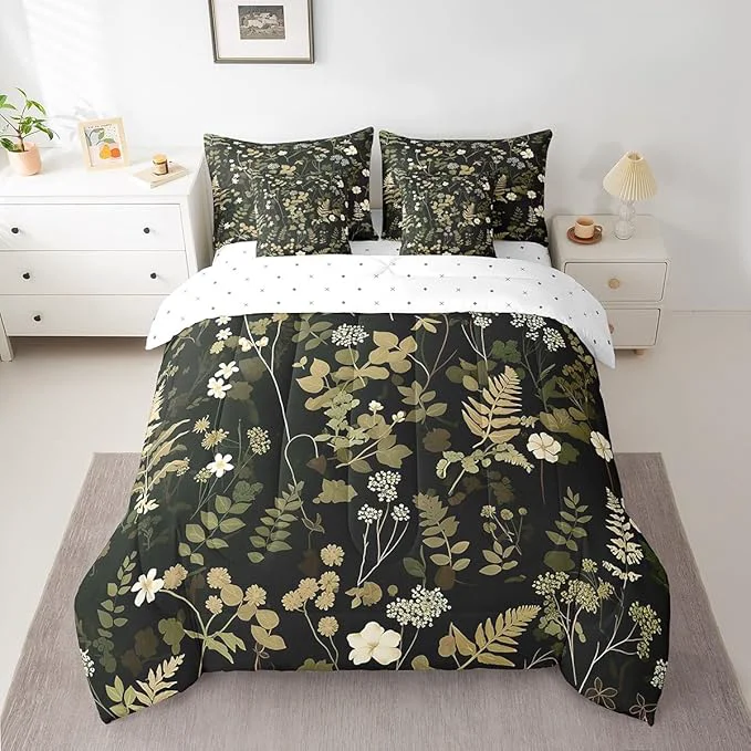 Fine Crafted Castle Fairy Botanica Leaves 7 Pieces Bedding Set King Bed in a Bag Wild Plants Retro Jungle Flowers Comforter Set for Be3droom Decor Retro Farmhouse Style Soft Warm Microfiber Bedding Recyclable