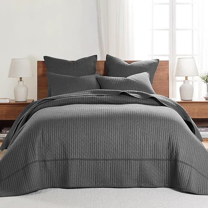 Crafted Levtex Home Cross Stitch Reversible King Bedspread Set 120x104in with 2 Pillow Shams 36x20in – Stitch Texture – Charcoal – Cotton King Size Bedspread Set – Soft Pre-Washed Authentic
