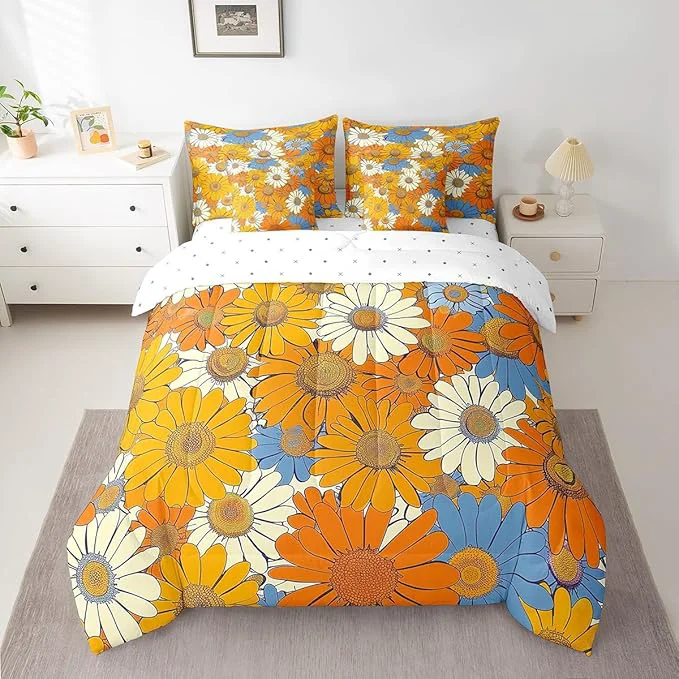 Optimized 70s Groovy Flowers Comforter Set 7 Pieces Hippie Retro Daisy Bed Set Watercolor Farmhouse Style Bedding Bed in a Bag Twin 1 Comforter 2 Pillowcase 2 Pillow Covers 1 Flat Sheet 1 Fitted Sheet Sustainable