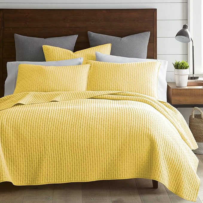 Fine Levtex Home Cross Stitch Reversible Full Queen Quilt Set 88x92in with 2 Pillow Shams 26x20in – Stitch Texture – Yellow – Cotton Full Queen Size Quilt Bedding Set – Lightweight Soft Pre-Washed Pure