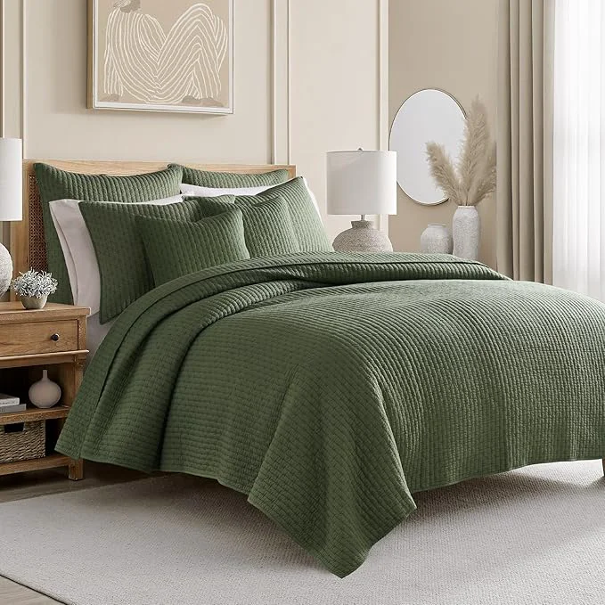 Sustainable Levtex Home Cross Stitch Reversible Full Queen Quilt Set 88x92in and 2 Pillow Shams 26x20in – Stitch Texture – Forest Green – Cotton Full Queen Size Quilt Bedding Set – Lightweight Soft Pre-Washed Genuine