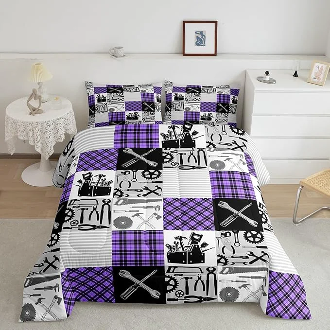 Outstanding Kids Girls Cars Comforter Set Wrench Repair Outfit Bedding Set Farmhouse Gingham Check Bedding Home Decor Gray Purple Comforter Full Size 3 Pieces Quilted Duvet Set with 2 Pillowcase Efficient