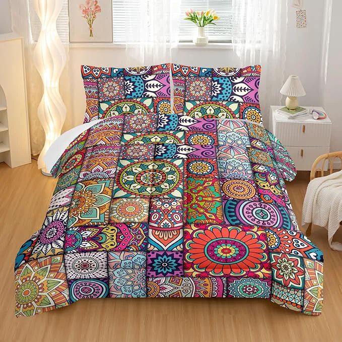 Stylish Colorful Bohemian Comforter Sets Full Size Geometry Bohemia Bedding Set for Your Room Abstract Soft Lightweight Quilted Set All Season 1 Comforter and 2 Pillowcases Luxury