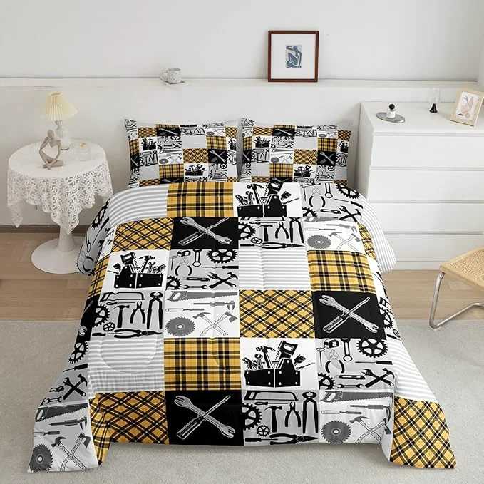 Official Kids Boys Car Comforter Set Wrench Repair Outfit Bedding Set Farmhouse Gingham Check Bedding Home Decor Yellow Gray Comforter Twin Size 2 Pieces Quilted Duvet Set with 1 Pillowcase Carefully Designed